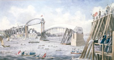 Flydningen af det sidste spænd af Royal Albert Bridge, Saltash (wc på papir) af English School