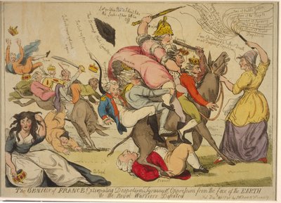Frankrigs geni, der udrydde despoti, tyranni og undertrykkelse fra jordens overflade, eller de kongelige krigere besejret, 1792 (håndfarvet radering) af English School