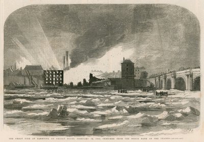 Den store brand ved Bankside fredag aften den 14. februar 1855, skitseret fra Themsens nordlige bred af English School