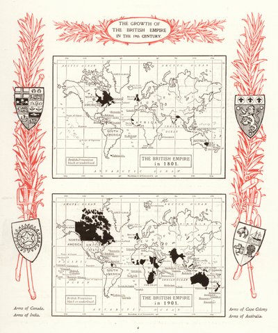 Det britiske imperiums vækst i det 19. århundrede (litho) af English School