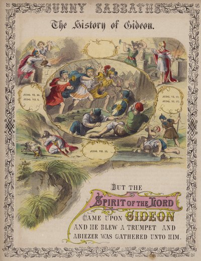 Gideons historie (farvet gravering) af English School
