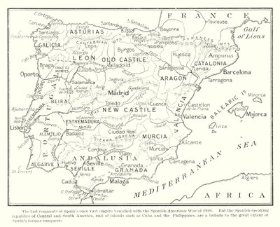 De sidste rester af Spaniens engang så store imperium forsvandt med den spansk-amerikanske krig i 1898 (litografi) af English School