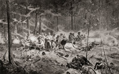 Major Allan Wilsons sidste stand ved Shangani-floden, Matabeleland, under den første Matabele-krig i 1893, efter maleriet af Allan Stewart, fra 