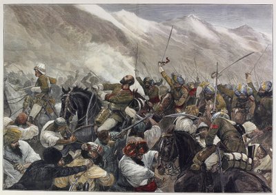Den sene afghanske krig: Major Wigram Battyes død i slaget ved Futtehabad 30. april (farvet indgravering) af English School
