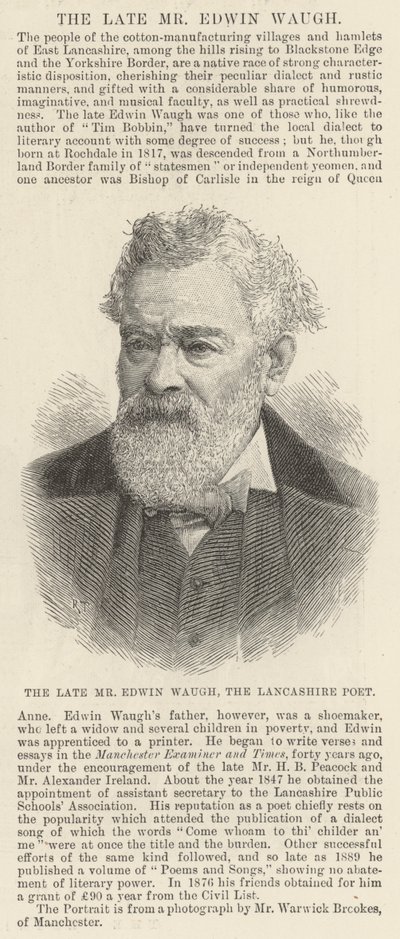 Den afdøde hr. Edwin Waugh, Lancashire-digteren (gravering) af English School