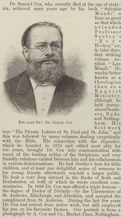Den afdøde pastor Dr. Samuel Cox (gravering) af English School