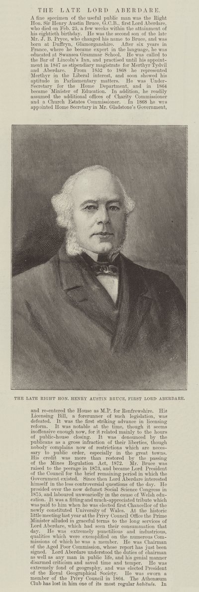 Den afdøde højre ærede Henry Austin Bruce, First Lord Aberdare (gravering) af English School