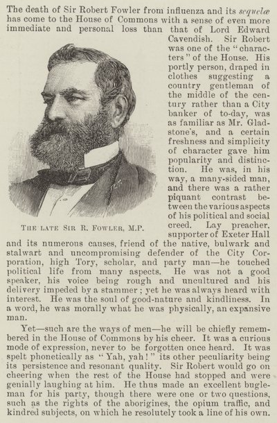 Den afdøde Sir R Fowler, MP (gravering) af English School