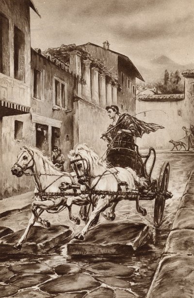 Livet på en gade i Pompeji i de store dage før byen forsvandt (farve litho) af English School