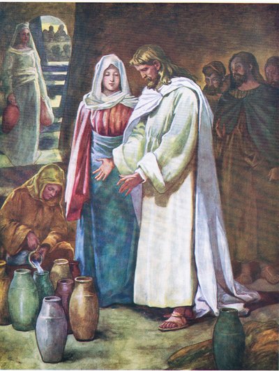 Brylluppet i Kana, fra The Bible Picture Book udgivet af Thomas Nelson, ca. 1950 (farvelitografi) af English School