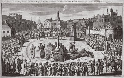 Dr. Ridleys og mr. Latimers martyrium i Oxford, hvor dr. Smith prædikede på det tidspunkt, hvor de led, illustration fra 