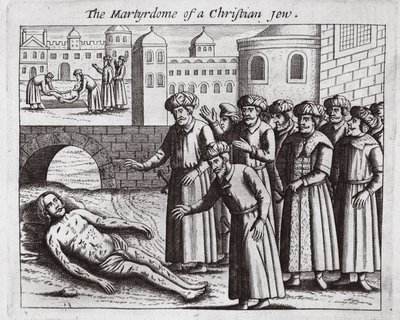 En kristen jødes martyrdød, illustration fra Acts and Monuments af John Foxe, niende udgave, pub. 1684 af English School