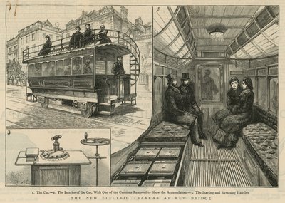 Der neue elektrische Straßenbahnwagen an der Kew Bridge von English School