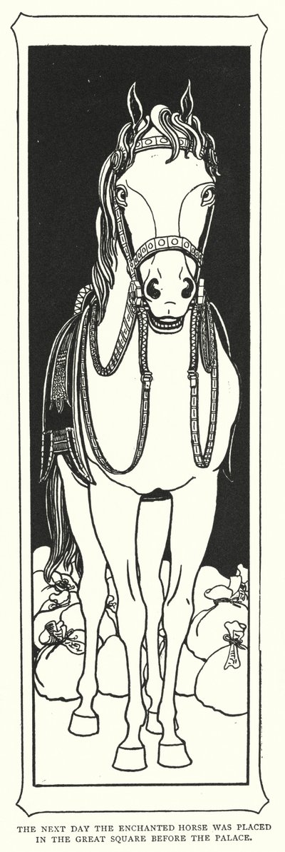 Den næste dag blev den fortryllede hest placeret på den store plads foran paladset (gravering). af English School