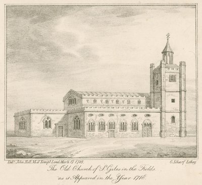 Den gamle kirke St Giles in the Fields, London, som den så ud i år 1718 af English School