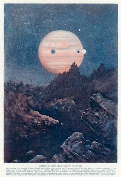 Planeten Jupiter set fra en af dens måner (litografi i farver) af English School