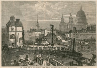 Jernbanen arbejder ved Blackfriars og åbner mod Ludgate Hill, London, set fra den midlertidige bro af English School