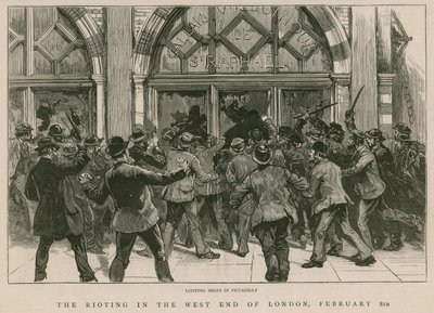Optøjerne i West End i London, 8. februar 1886: Plyndrer butikker i Piccadilly af English School