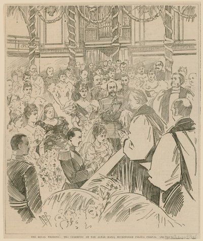 Det kongelige bryllup, ceremonien ved alterskinnerne, Buckingham Palace Chapel, 23. juli 1896 af English School