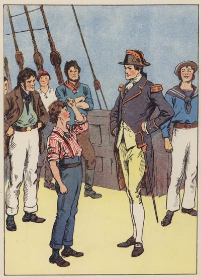 Sømandsdrengen tilbyder at slutte sig til flåden (farve litho) af English School