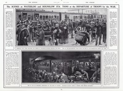 Scenerne på Waterloo- og Hounslow-stationerne ved troppernes afgang til krig, Første Verdenskrig, august 1914 af English School