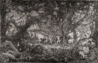 Spejderne på Sir Henry Morton Stanleys Emin Pasha-hjælpeekspedition i Afrika i 1888 opdager pygmæer, der bærer en kasse med ammunition væk, udgivet 1890. af English School