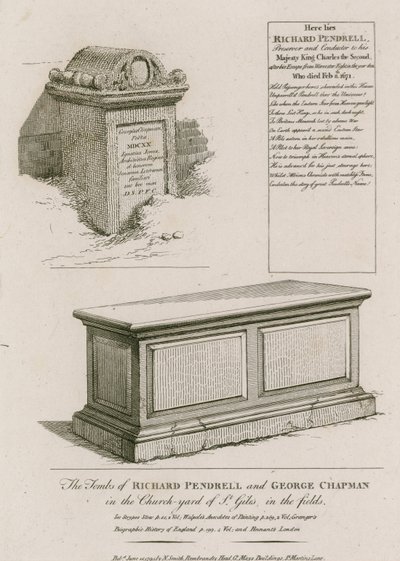 Gravene af Richard Pendrell og George Chapman i kirkegården i St Giles in the Fields, London af English School