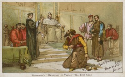 Retssagsscenen fra Shakespeares The Merchant of Venice af English School