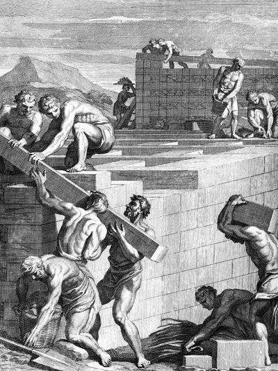 Murene i byer blandt gallerne er bygget af alternative forløb af sten og bjælker, indgraveret af Cornelis Huyberts, illustration til Caesars Commentaries oversat til engelsk af William Duncan, af English School