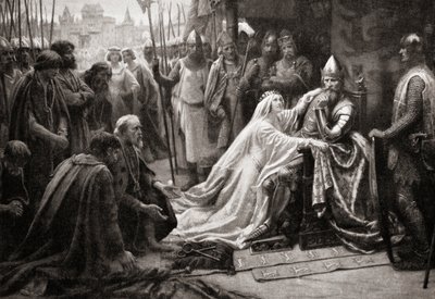 Hustruen til kong Edward III, dronning Philippa af Hainault, går i forbøn for sin mand for at bede om, at livet for de syv borgere i Calais bliver skånet (tryk) af English School