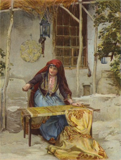 Brodererens arbejde (farve litho) af English School