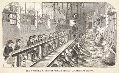 Workshoppen under det tavse system i Millbank Prison, illustration fra The Criminal Prisons of London og Scenes from Prison Life af Henry Mayhew og John Binny, pub. 1862 af English School