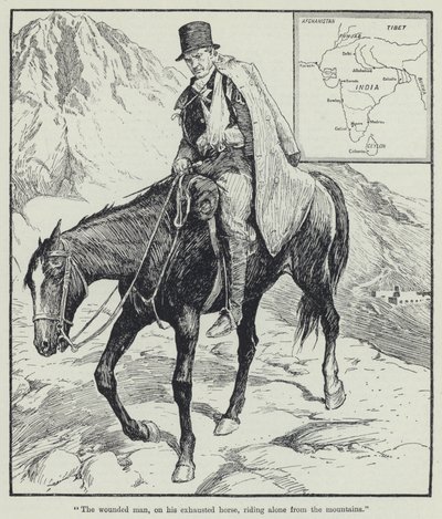 "Den sårede mand, på sin udmattede hest, rider alene ned fra bjergene" (litho) af English School