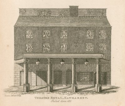 Theatre Royal, Haymarket, London, revet ned 1821 af English School