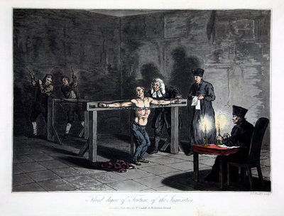 Inkvisitionens tredje grad af tortur, indgraveret af L.C. Stadler, pub. af Cadell & Davies, London, ca. 1813 (farvet gravering) af English School