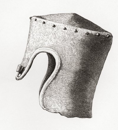Cylindrical fladtoppet hjelm med nasal, gravet op ved Montgomery Castle i 1841, fra The British Army: Its Origins, Progress and Equipment, udgivet 1868. af English School