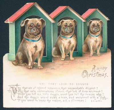 Tre hunde i kenneler, julekort af English School