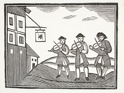 Three Fidlers in Thames Street, som spillede en brudgom om morgenen, som ikke gav dem noget at drikke, illustration fra Chap-books of the Eighteenth Century af John Ashton, pub. 1882 af English School