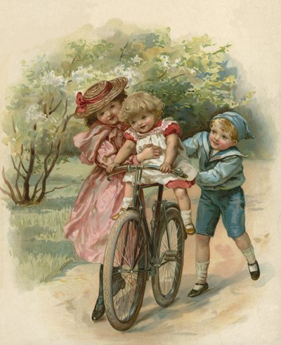 Three children playing with a bicycle  af English School