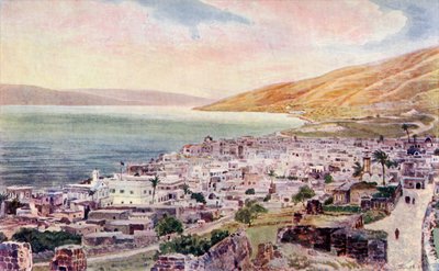 Tiberius og Galilæas Sø, Israel, ca. 1910 (farve litho) af English School