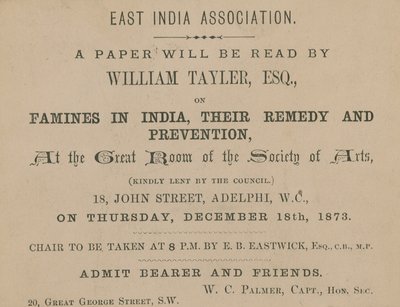 Billet til et foredrag af William Tayler fra East India Association af English School