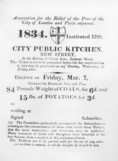 Billet udstedt til de fattige for at modtage kul og kartofler fra City Public Kitchen, New Street, London, 1834 af English School