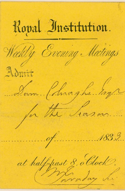 Adgangsbillet til Royal Institution, Albemarle Street, London, til et foredrag af Michael Faraday af English School