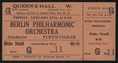 Billet til en koncert med Berlin Philharmonic Orchestra, Queens Hall, London fredag den 27. januar 1928 af English School