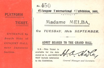 Billet til at høre Nellie Melba på Glasgow International Exhibition, 1901 (print) af English School