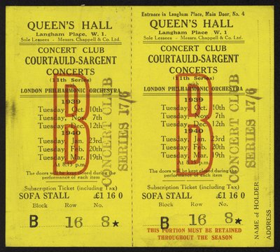 Eintrittskarte zu den Courtauld-Sargent Konzerten, Queens Hall, Langham Place, London, 1939-1940 von English School