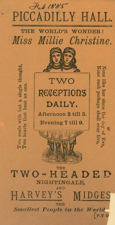 Billet til at besøge Miss Millie Chrisine, den tohovedede nattergal af English School