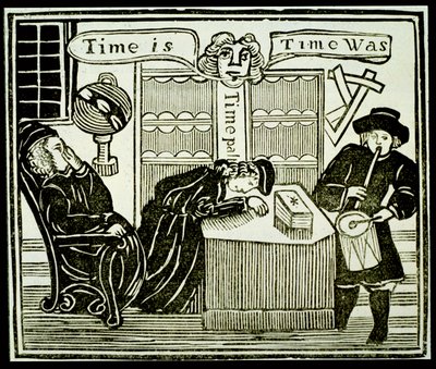 Zeit ist, Zeit war, Kopie einer Illustration aus History of the Learned Friar Bacon verwendet in einer Sammlung von Chapbooks über Esoterik von English School