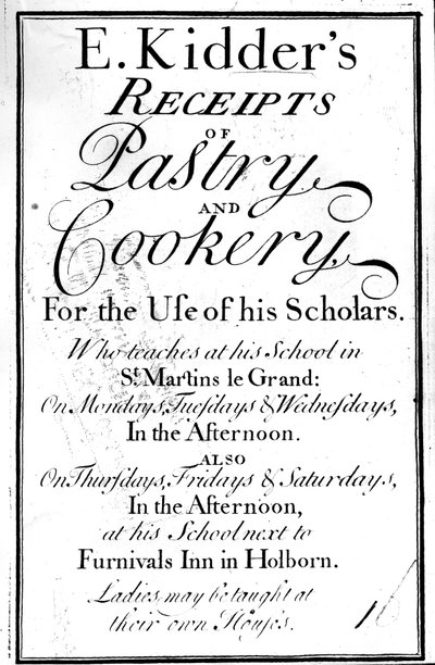 Titelside for E. Kidders Kvitteringer for wienerbrød og madlavning, af Edward Kidder, udgivet ca. 1730 af English School