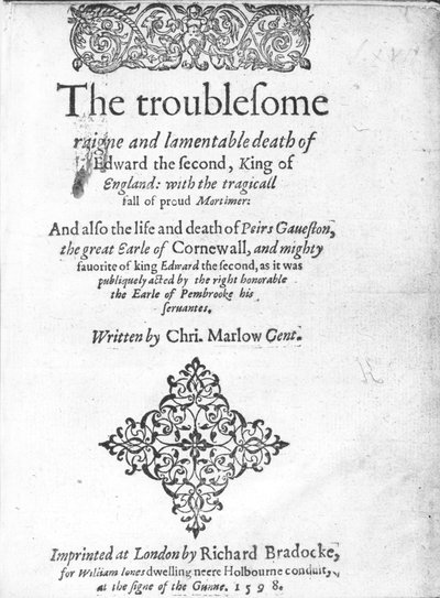 Titelside for Edward II af Christopher Marlowe, udgivet 1598 (trykt papir) af English School